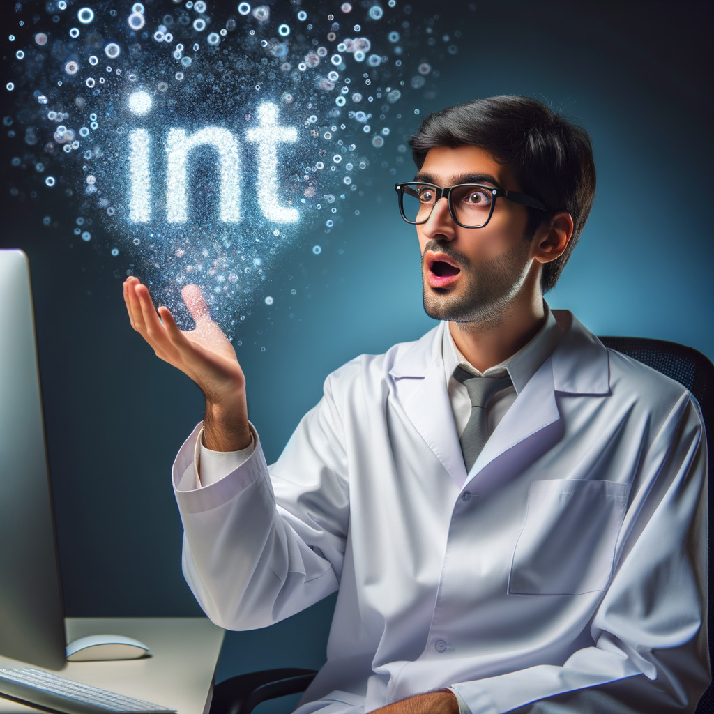 A data scientist in a lab coat looking at the floating letters INT
as he raises his hand in astoundment
